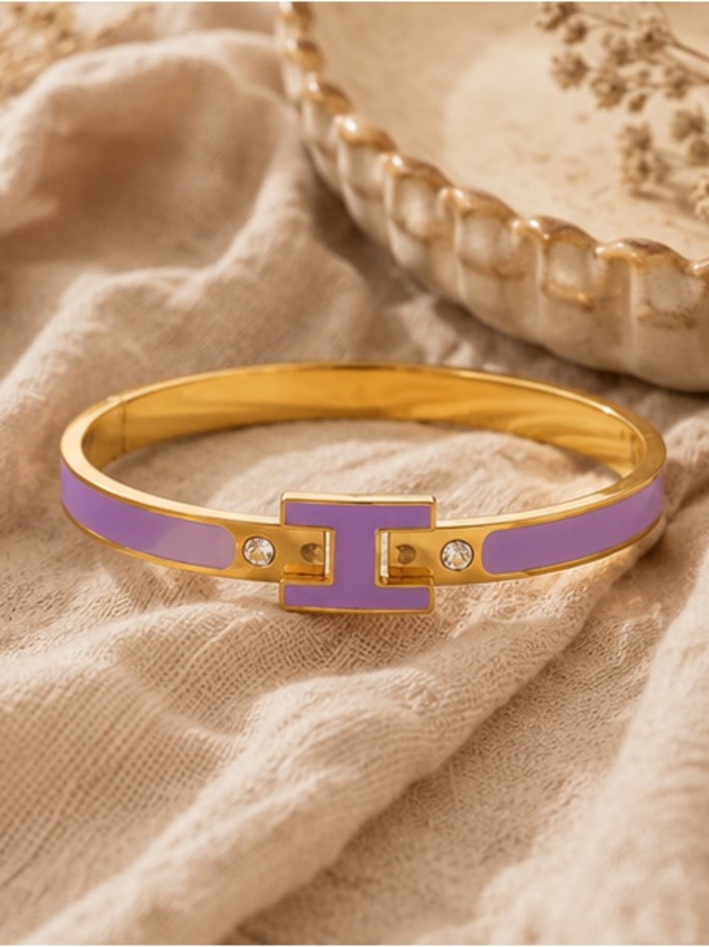 Lavender Enamel H Crystal Bangle Bracelet Gold Tone Designer Inspired
